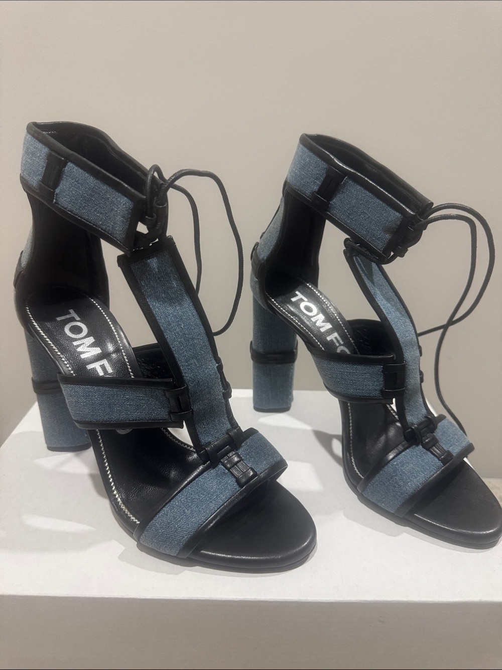 Tom Ford Denim-Trim Lace-Up Block Heel Sandals in Blue